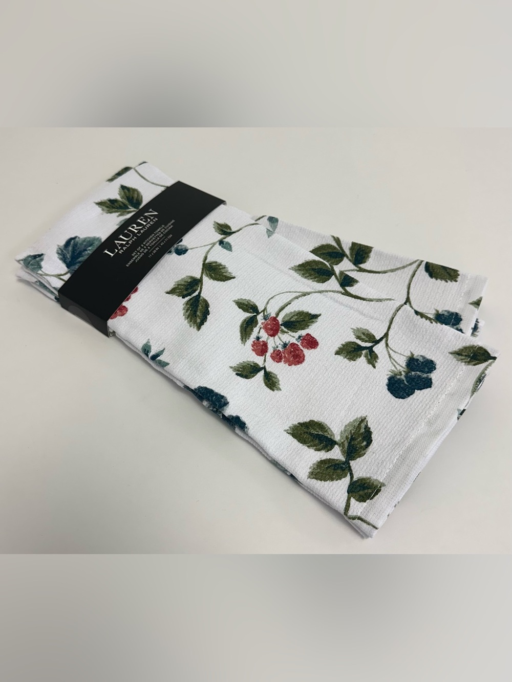 New Lauren Ralph Lauren White Kitchen Towels with Red & Blue Berry Print